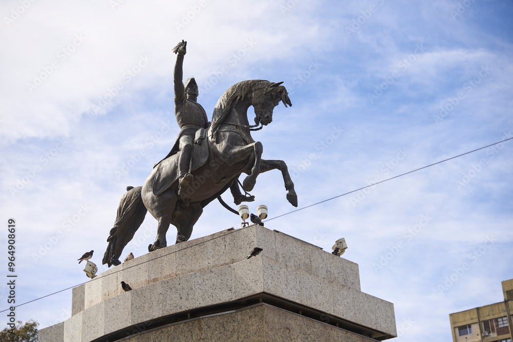 Obraz premium Monument to San Martin, equestrian bronze made statue, in Neuquen, Argentina