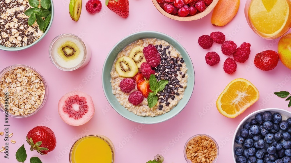 A vibrant breakfast spread featuring oat porridge, fruits, seeds, and a fresh juice, captured from above. A vibrant breakfast spread featuring oat porridge, fruits, seeds, and a fresh juice, captured from above.
