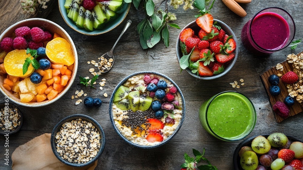 A vibrant breakfast spread featuring oat porridge, fruits, seeds, and a fresh juice, captured from above. A vibrant breakfast spread featuring oat porridge, fruits, seeds, and a fresh juice, captured from above.