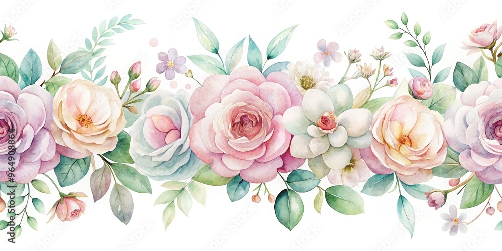 Delicate, dreamy watercolor flowers in soft pastel hues swirl together to create a whimsical, hand-painted border perfect for adding a touch of elegance to designs. Delicate, dreamy watercolor flowers in soft pastel hues swirl together to create a whimsical, hand-painted border perfect for adding a touch of elegance to designs.
