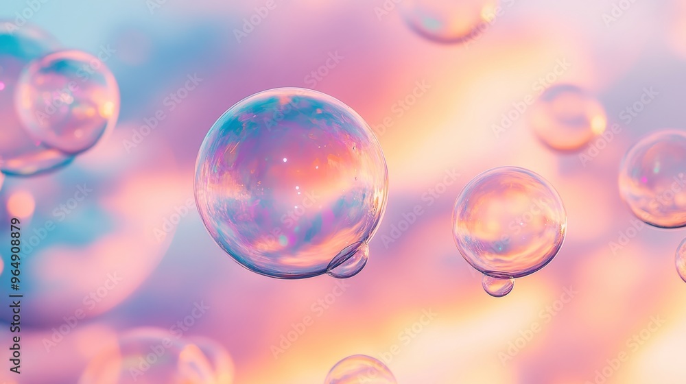 Colorful soap bubbles floating against pastel sky, dreamy abstraction. Serenity and calmness concept Colorful soap bubbles floating against pastel sky, dreamy abstraction. Serenity and calmness concept