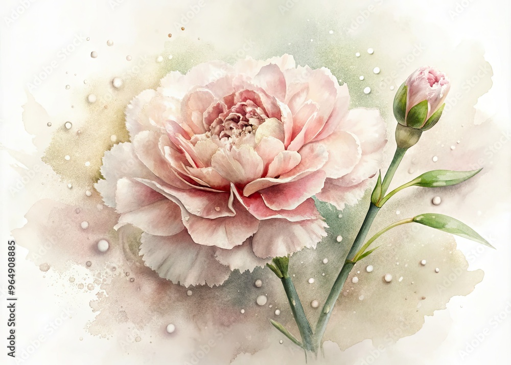 Delicate, dreamy watercolor illustration of a blooming pink carnation, surrounded by soft, swirling water droplets and subtle, organic textures on a creamy white background. Delicate, dreamy watercolor illustration of a blooming pink carnation, surrounded by soft, swirling water droplets and subtle, organic textures on a creamy white background.