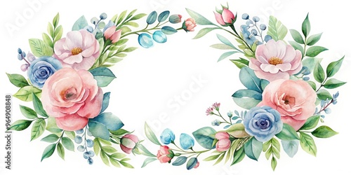 Delicate, dreamy watercolor Floral wreath with soft pink and blue petals, lush greenery, and subtle texture, evoking a sense of whimsy and romantic elegance.