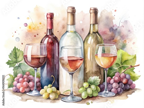 Delicate, dreamy watercolor illustrations of elegant wine bottles, bottles, and glasses in soft, blended hues, evoking a sense of sophistication and refined elegance.