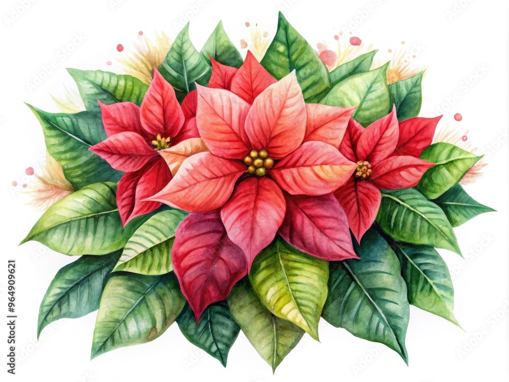 Delicate watercolor illustration of a festive poinsettia plant with lush green leaves and vibrant red bracts, adorned with soft, whimsical brushstrokes and subtle texture. Delicate watercolor illustration of a festive poinsettia plant with lush green leaves and vibrant red bracts, adorned with soft, whimsical brushstrokes and subtle texture.