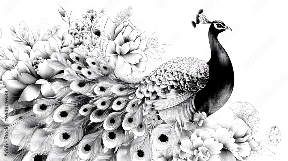 Fototapeta premium A majestic peacock with its tail feathers spread wide, surrounded by delicate floral patterns, in a striking black and white illustration.