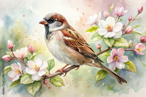 Delicate watercolor illustration of a humble sparrow perched on a blooming branch, surrounded by soft, dreamy petals and gentle, feathery brushstrokes in pastel hues. photo