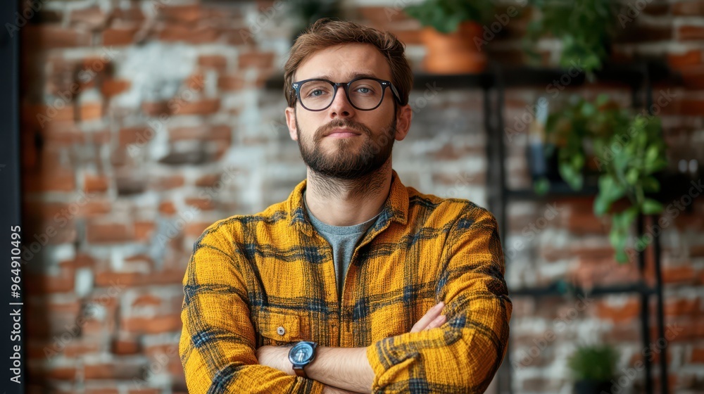 Confident young man poses against a brick wall in a cozy café setting Confident young man poses against a brick wall in a cozy café setting
