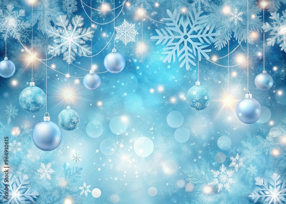 Icy frosty blue winter wonderland background with snowflakes, ornaments, and twinkling lights creates a magical and calming atmosphere for festive holiday celebrations and winter scenes. Icy frosty blue winter wonderland background with snowflakes, ornaments, and twinkling lights creates a magical and calming atmosphere for festive holiday celebrations and winter scenes.