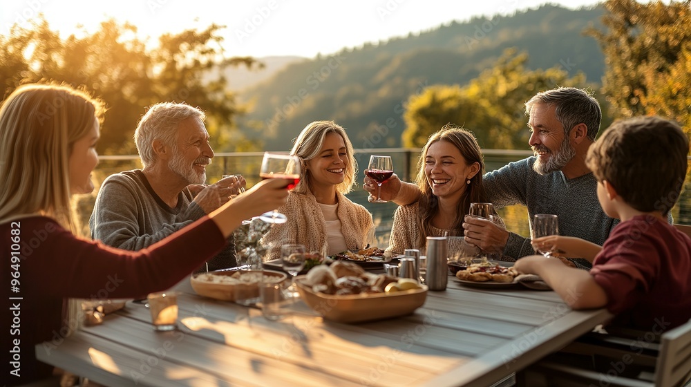 Fototapeta premium Happy Family Enjoying Meal and Wine Outdoors at Sunset