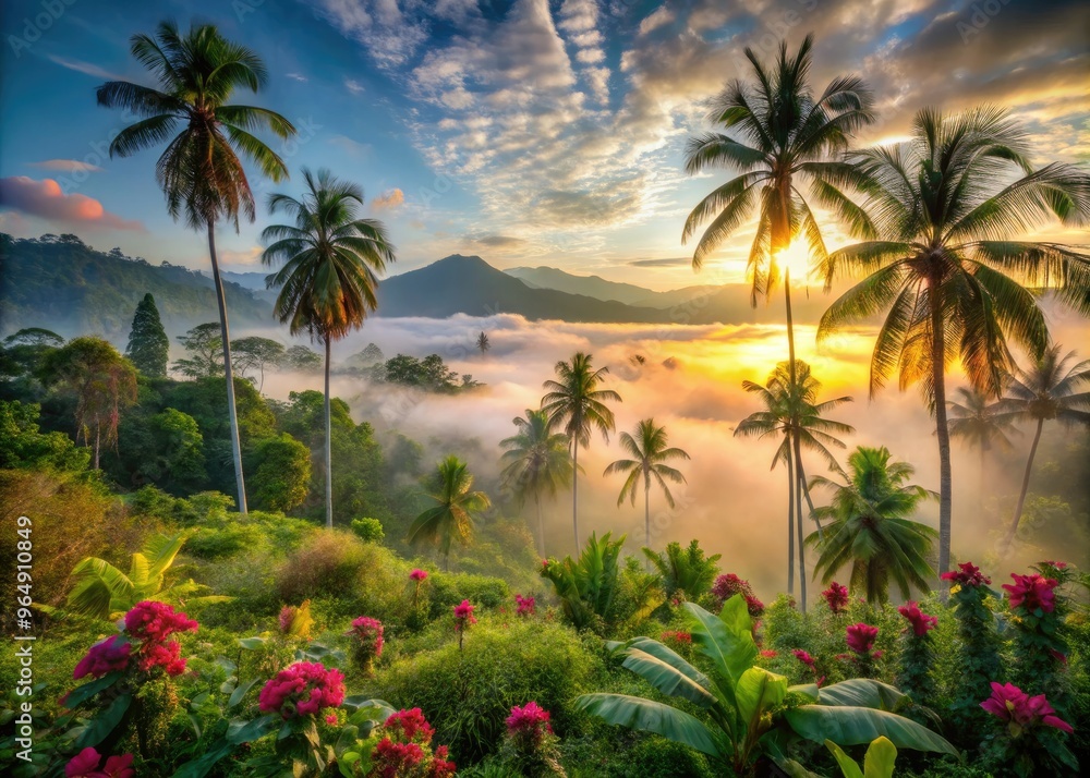 Misty morning sunrise over lush green jungle landscape with exotic flowers and palm trees in Western New Guinea, Indonesia's remote Papua region. Misty morning sunrise over lush green jungle landscape with exotic flowers and palm trees in Western New Guinea, Indonesia's remote Papua region.