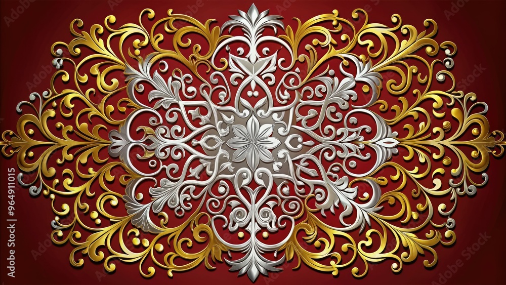 Ornate gold and silver filigree adorn a crimson red background, perfect for adding a touch of luxurious festive flair to holiday cards, invitations, and decorations. Ornate gold and silver filigree adorn a crimson red background, perfect for adding a touch of luxurious festive flair to holiday cards, invitations, and decorations.
