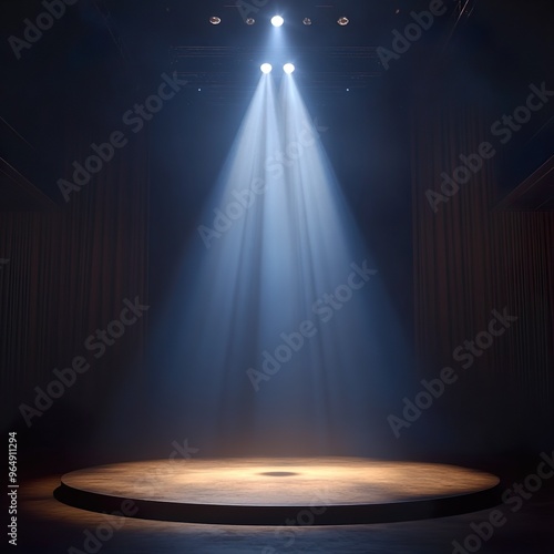 Quiet auditorium with a single spotlight illuminating an empty stage wallpaper photo