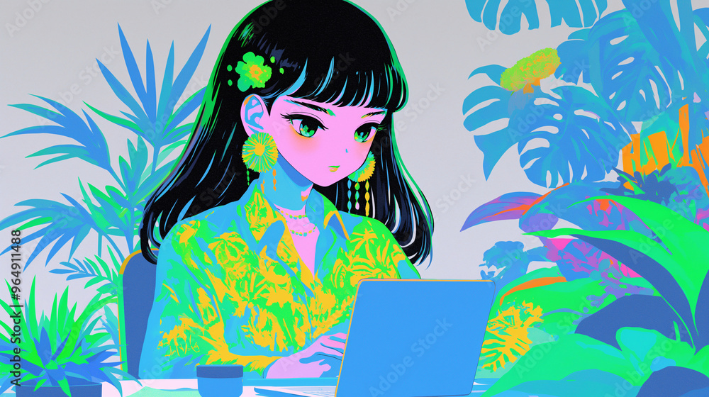 anime style teenage woman, studying, education concept, remote work anime style teenage woman, studying, education concept, remote work