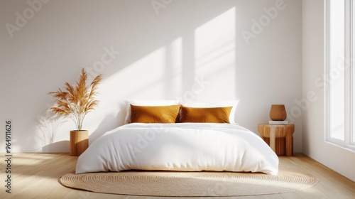 Minimalist bedroom with earthy tones and natural light