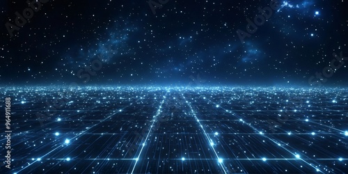 Abstract digital grid with glowing lights and stars in the night sky.