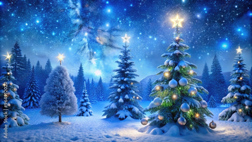 Obraz premium Snowflakes gently fall on a serene winter wonderland scene featuring festive blue-hued decorations, twinkling lights, and a majestic evergreen tree under a starry night sky.