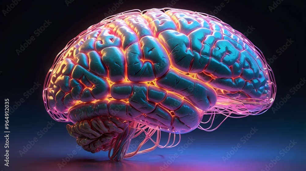 Surreal human brain with wires under neon light Surreal human brain with wires under neon light