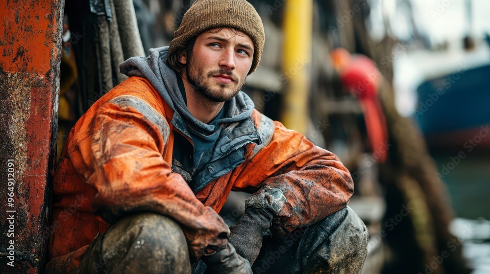 Fototapeta premium Young fisherman resting on a dock during a chilly morning in autumn
