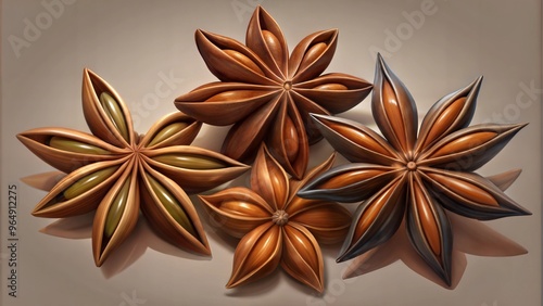 Artistic display of star anise spices on neutral background for culinary use