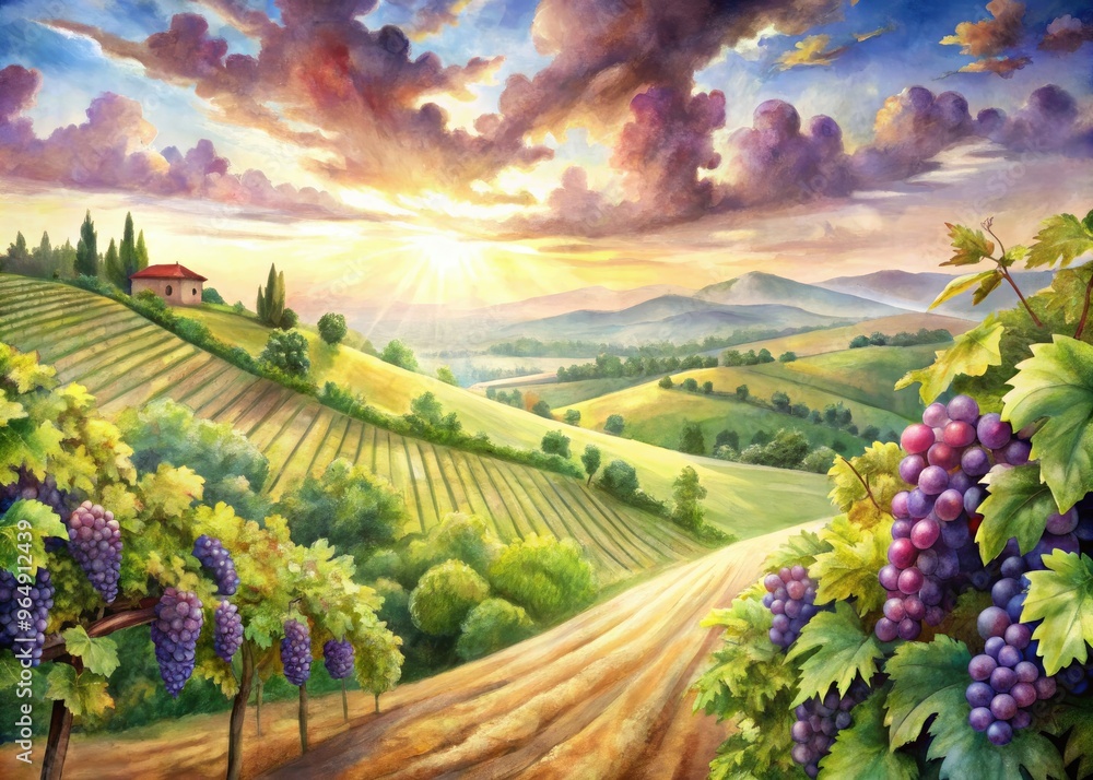 Naklejka premium Soft, dreamy watercolor illustration of a lush vineyard scene, featuring winding vines, plump grapes, and rolling hills under a warm, sunny sky with fluffy clouds.