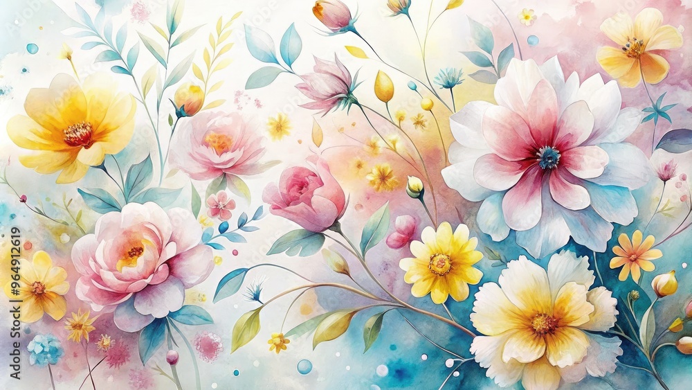 Softly blended watercolor blooms in shades of pink, yellow, and blue dance across a delicate white background, evoking a sense of whimsical, dreamy serenity. Softly blended watercolor blooms in shades of pink, yellow, and blue dance across a delicate white background, evoking a sense of whimsical, dreamy serenity.