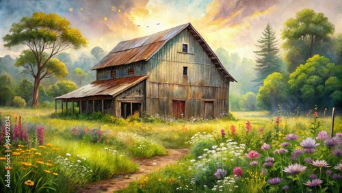 Softly rendered watercolor depiction of a rustic, weathered old barn surrounded by lush greenery and wildflowers, evoking a sense of rural tranquility and nostalgia.