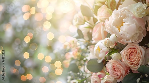 Beautiful background featuring pastel-colored peonies and roses with a soft blurred effect and subtle bokeh lights enhancing the elegance of the floral arrangement