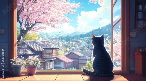 Lofi Cute Cat Kitten Animal Feline Sitting at Window and Looking at Japanese Village with Sunny Day Sakura Tree - Cozy Calm Chill Relax Anime Manga
