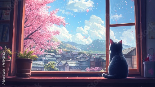 Lofi Cute Cat Kitten Animal Feline Sitting at Window and Looking at Japanese Village with Sunny Day Sakura Tree - Cozy Calm Chill Relax Anime Manga
