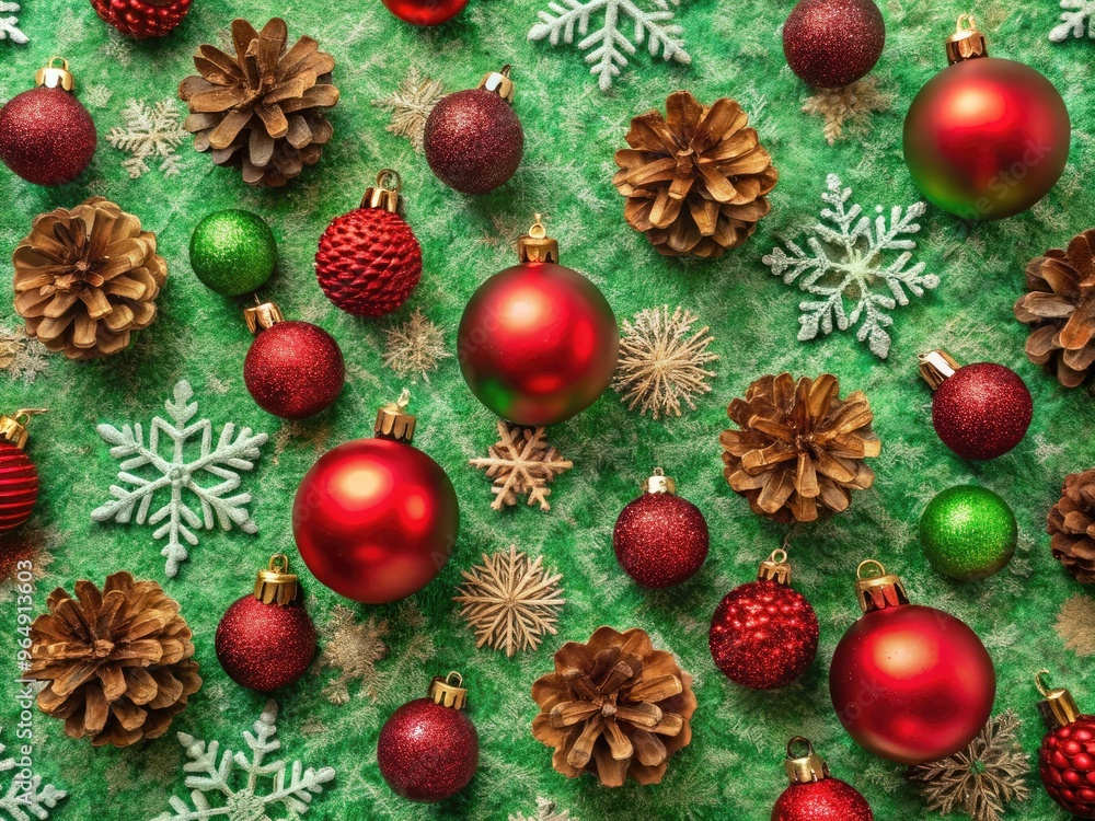 Vibrant festive red and green holiday backdrop featuring snowflakes, ornaments, and pinecones on a textured fabric, perfect for seasonal designs and winter wonderland themes. Vibrant festive red and green holiday backdrop featuring snowflakes, ornaments, and pinecones on a textured fabric, perfect for seasonal designs and winter wonderland themes.