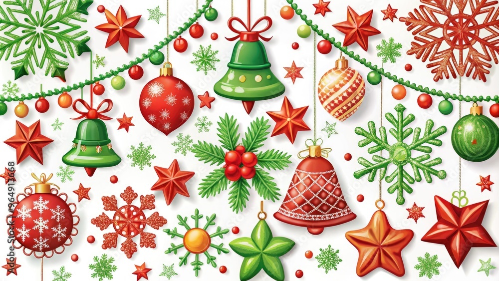 Vibrant illustration of festive holiday icons including snowflakes, ornaments, garlands, and bells in bright red and green hues on a white background. Vibrant illustration of festive holiday icons including snowflakes, ornaments, garlands, and bells in bright red and green hues on a white background.