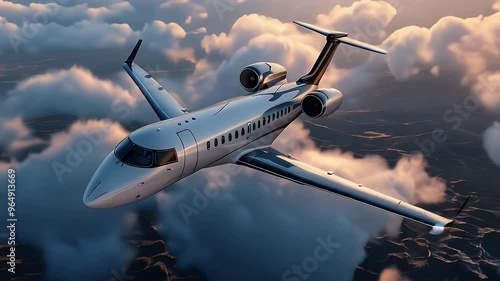 private jet flying at sunrise