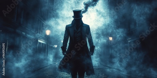 Mysterious Man in Top Hat Walking Down Foggy Street