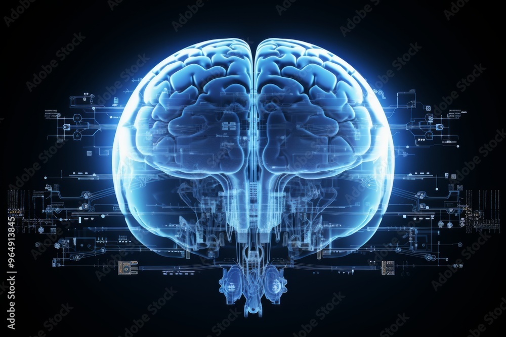 Human brain connected to a chip. Digital brain concept with Network Connections, Generative AI. Human brain connected to a chip. Digital brain concept with Network Connections, Generative AI.