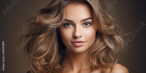 Beautiful laughing  model girl with long curly hair. Studio shot. Beauty saloon. Selective focus. Generative AI.