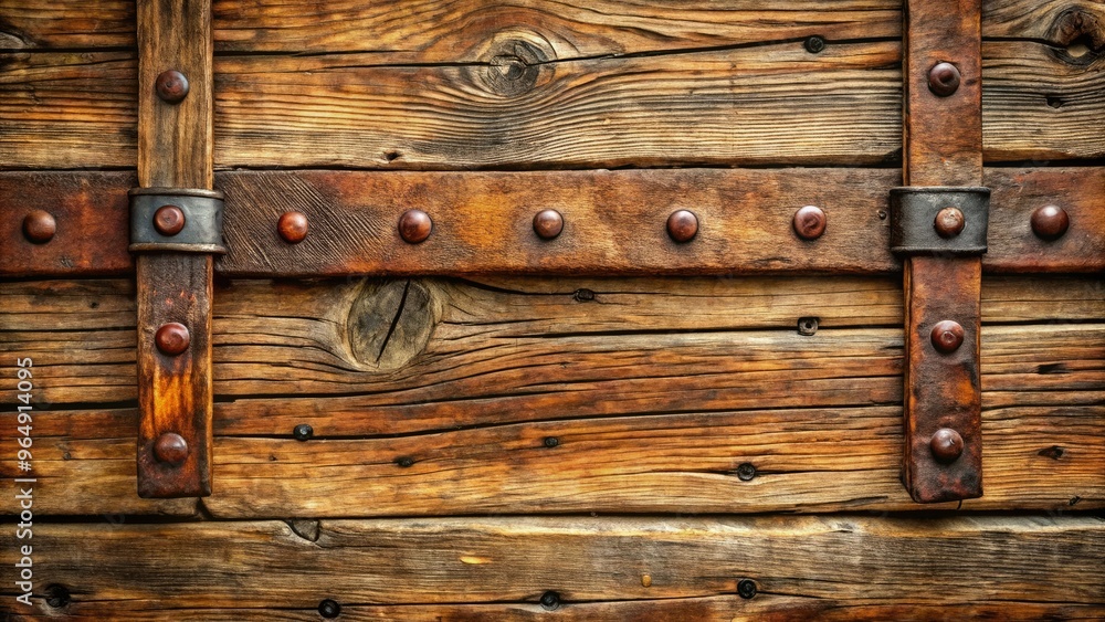 Weathered wooden planks with rusty old nails, adorned with worn leather straps and vintage metal rivets, evoke a rugged, nostalgic Wild West atmosphere. Weathered wooden planks with rusty old nails, adorned with worn leather straps and vintage metal rivets, evoke a rugged, nostalgic Wild West atmosphere.