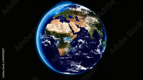 Rotating planet Earth displaying all the countries, with a blue glow around the edge, set against a black space background.