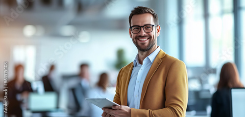 Bürokaufmann mit Tablet in hellem Büro