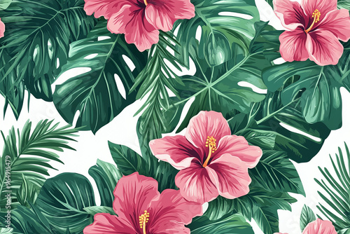 Seamless wallpaper pattern of tropical leaves and flowers in vibrant greens and pinks on a white background, jungle theme trend