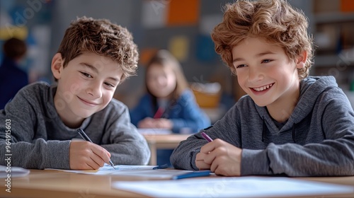 Two school boys are writing at a desk. This image is perfect for a website about education or for a blog post about school children.