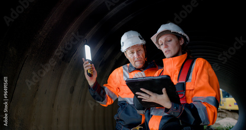 Fotografie A couple of senior civil engineers are collaborating in the tunnel of a sewage drain, using a digital tablet to inspect the construction of a huge water pipe on a new highway road project