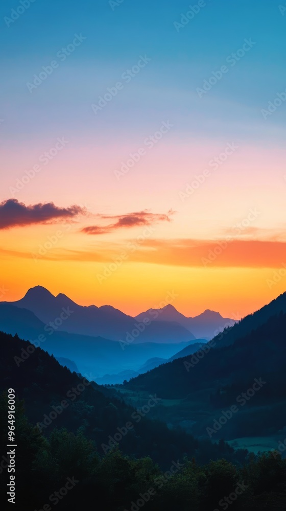 Mountain landscape during sunset, vibrant sky. Nature and tranquility concept Mountain landscape during sunset, vibrant sky. Nature and tranquility concept