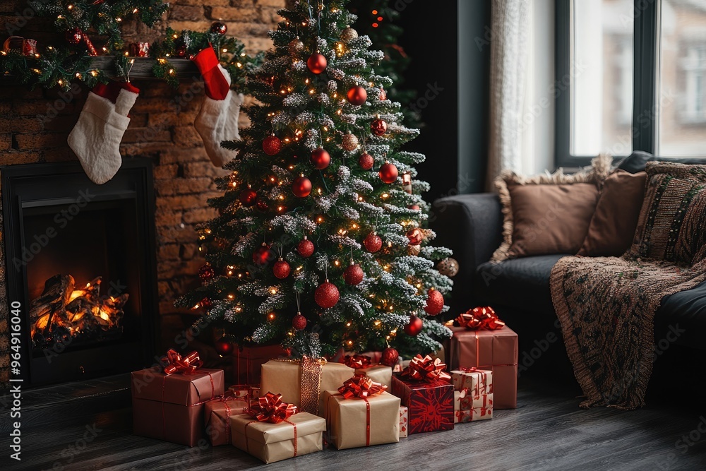 Decorated Christmas tree with gifts. This image is perfect for holiday-themed websites, social media posts, and marketing materials. Decorated Christmas tree with gifts. This image is perfect for holiday-themed websites, social media posts, and marketing materials.