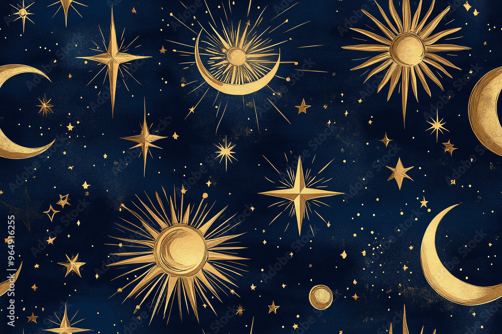 Fototapeta premium Seamless wallpaper pattern of stylized suns, moons, and stars in metallic gold on a deep blue background, capturing the 90s celestial trend