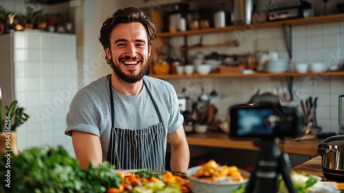 A smiling man filming a cooking vlog. This photo is perfect for websites, articles, and social media related to food, cooking, and vlogging.