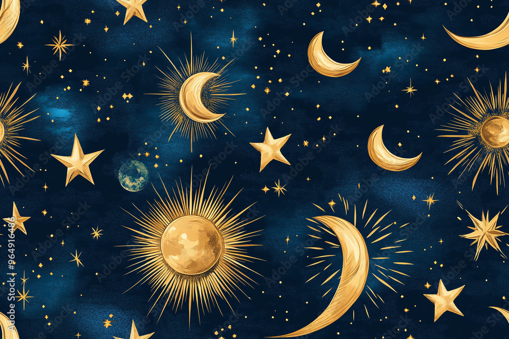 Seamless wallpaper pattern of stylized suns, moons, and stars in metallic gold on a deep blue background, capturing the 90s celestial trend Seamless wallpaper pattern of stylized suns, moons, and stars in metallic gold on a deep blue background, capturing the 90s celestial trend
