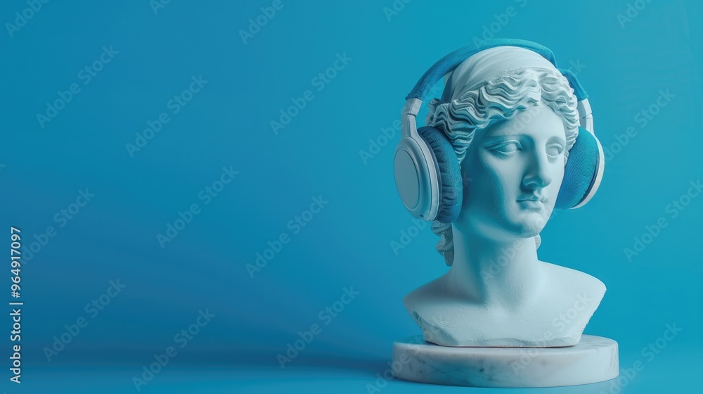 Aphrodite plaster head wearing big blue headphones on blue background Listening to music audiobooks podcasts lectures concept