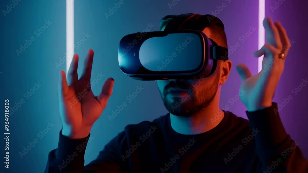 Exploring virtual reality technology in an immersive gaming setup at home during the evening Exploring virtual reality technology in an immersive gaming setup at home during the evening