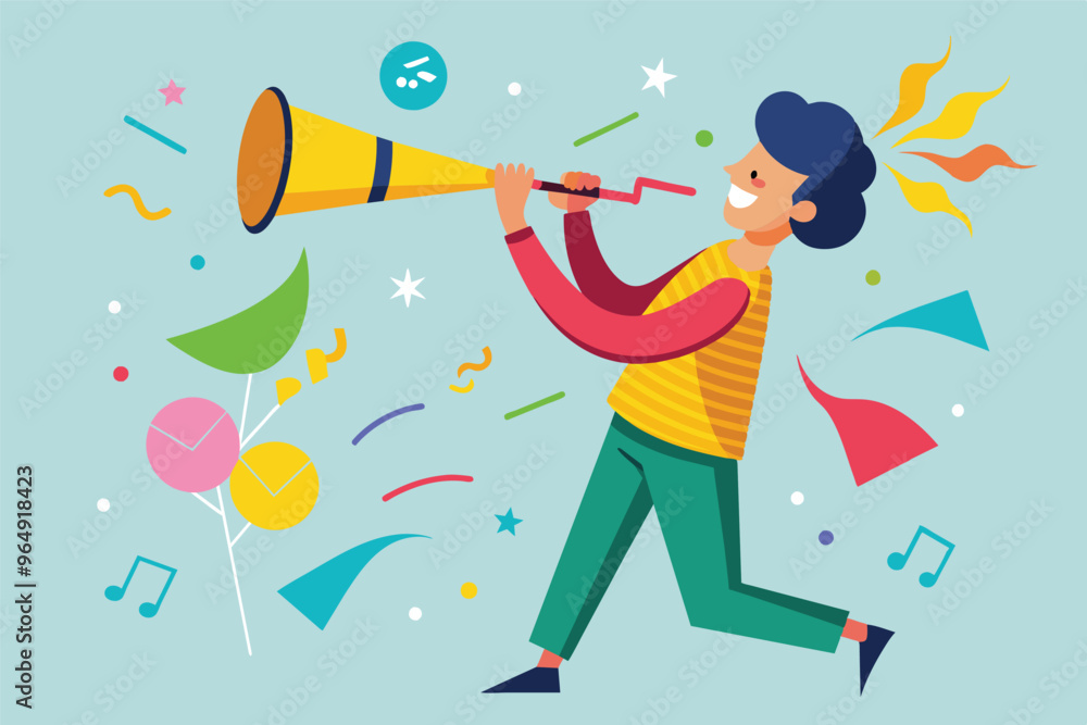 A joyful musician plays a trumpet while celebrating at a vibrant outdoor festival filled with colorful decorations and confetti A joyful musician plays a trumpet while celebrating at a vibrant outdoor festival filled with colorful decorations and confetti